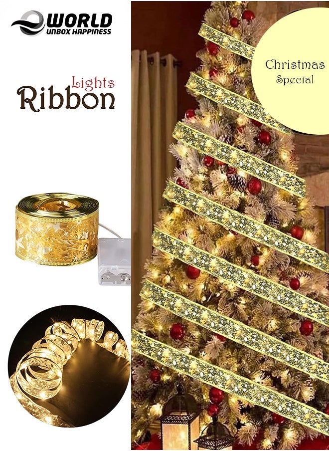 Eworld 10M Christmas Tree Ribbon Lights with 100 LED, Double Layer Copper Wire Ribbon Bows for Holiday Decorations, Battery Powered Gold with Warm White Light for Christmas Tree, Garden, and Party Decor  - Image 1