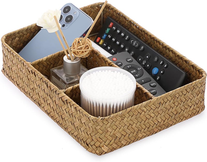 BTSKY 4-Section Woven Wicker Divided Natural Seagrass Storage Basket Organizer For Countertop/Desk/Shelf Decorative Caramels - Image 2
