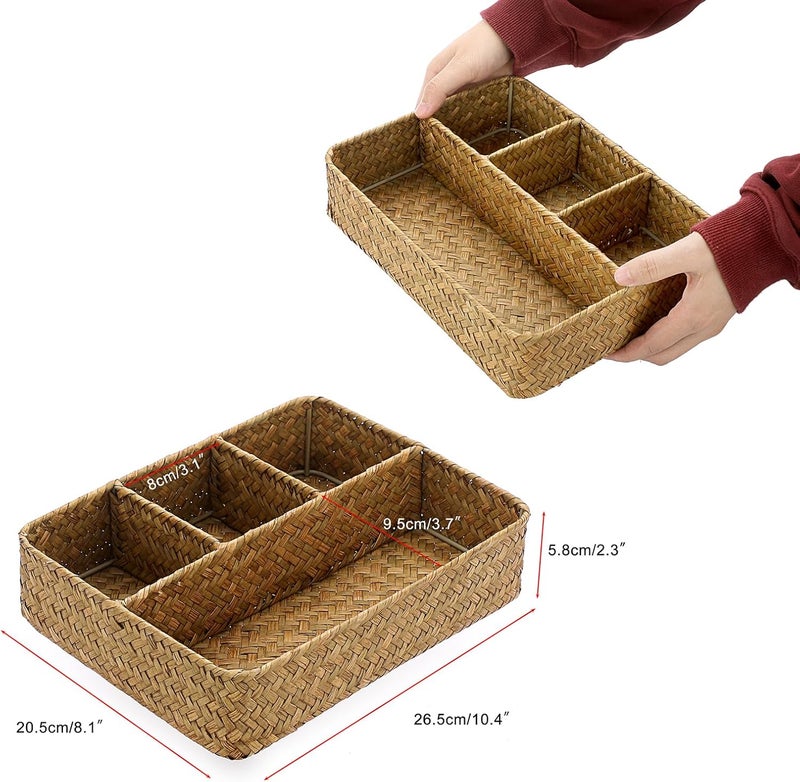 BTSKY 4-Section Woven Wicker Divided Natural Seagrass Storage Basket Organizer For Countertop/Desk/Shelf Decorative Caramels - Image 3