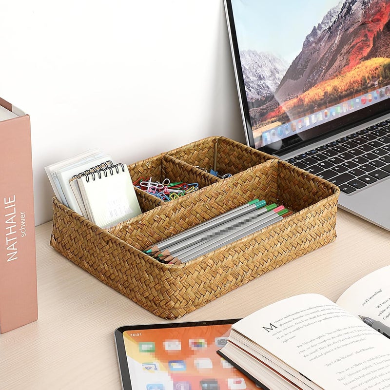 BTSKY 4-Section Woven Wicker Divided Natural Seagrass Storage Basket Organizer For Countertop/Desk/Shelf Decorative Caramels - Image 4