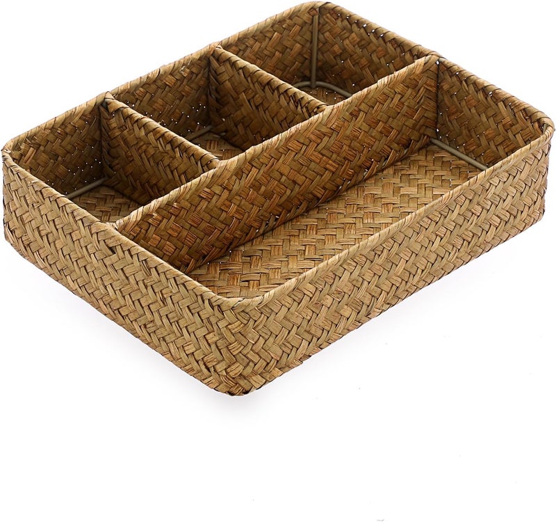 BTSKY 4-Section Woven Wicker Divided Natural Seagrass Storage Basket Organizer For Countertop/Desk/Shelf Decorative Caramels - Image 1