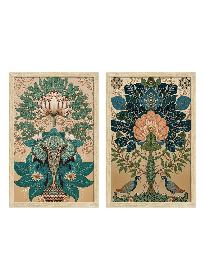 ArtX Paper Madhubani Art Paintings with Frame for Home Decor, Wall Painting for Living Room, Multicolor, Natural Wood Color Frames, Set of 2 - Image 2
