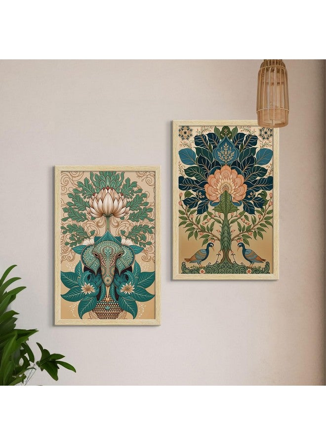 ArtX Paper Madhubani Art Paintings with Frame for Home Decor, Wall Painting for Living Room, Multicolor, Natural Wood Color Frames, Set of 2 - Image 1