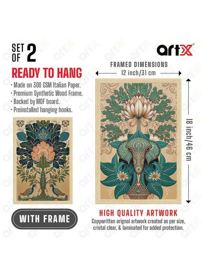 ArtX Paper Madhubani Art Paintings with Frame for Home Decor, Wall Painting for Living Room, Multicolor, Natural Wood Color Frames, Set of 2 - Image 3