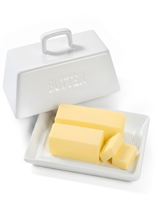 Kook Ceramic Extra Large Butter Dish with Lid, Holds 2 Sticks, Kitchen Countertop Butter Keeper, Serving Tray with Cover (White) - Image 1