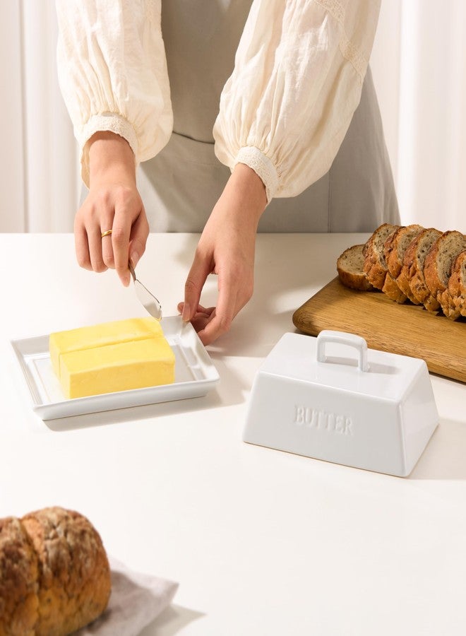 Kook Ceramic Extra Large Butter Dish with Lid, Holds 2 Sticks, Kitchen Countertop Butter Keeper, Serving Tray with Cover (White) - Image 4