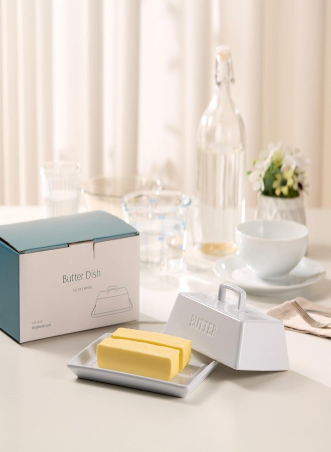 Kook Ceramic Extra Large Butter Dish with Lid, Holds 2 Sticks, Kitchen Countertop Butter Keeper, Serving Tray with Cover (White) - Image 2