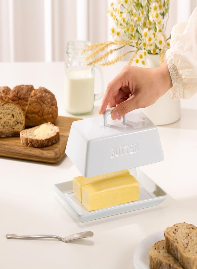 Kook Ceramic Extra Large Butter Dish with Lid, Holds 2 Sticks, Kitchen Countertop Butter Keeper, Serving Tray with Cover (White) - Image 3