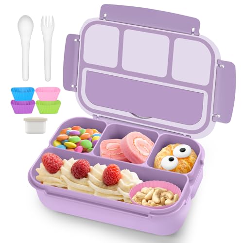 QQKO Bento Box Adult Lunch Box, Lunch Containers for Adults Men Women, Kids Lunch Boxes for School with 4 Compartments, Sauce Container, Utensils and Muffin Cups, Purple - Image 1