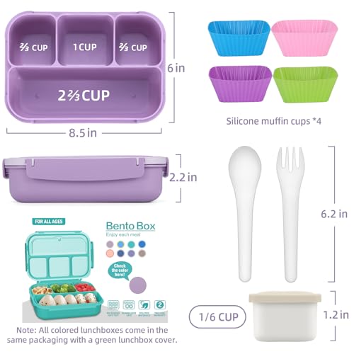 QQKO Bento Box Adult Lunch Box, Lunch Containers for Adults Men Women, Kids Lunch Boxes for School with 4 Compartments, Sauce Container, Utensils and Muffin Cups, Purple - Image 2