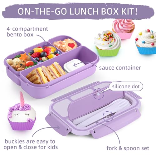 QQKO Bento Box Adult Lunch Box, Lunch Containers for Adults Men Women, Kids Lunch Boxes for School with 4 Compartments, Sauce Container, Utensils and Muffin Cups, Purple - Image 3