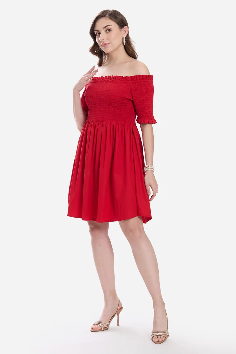 Virgio  Solid Cotton Off-Shoulder Mini Dress for Women for Women | Best Price UAE