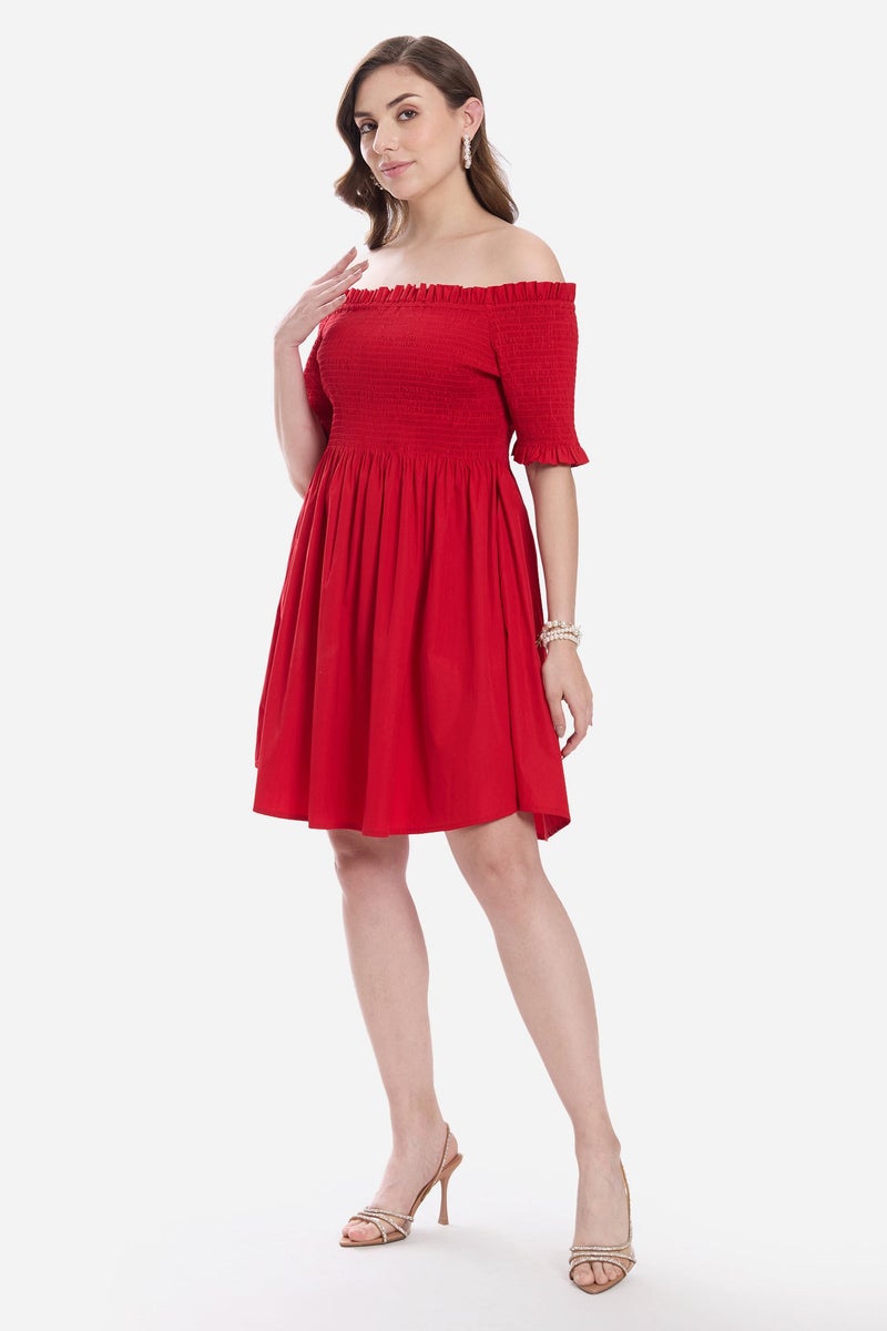 Virgio Solid Cotton Off-Shoulder Mini Dress for Women - Image 3