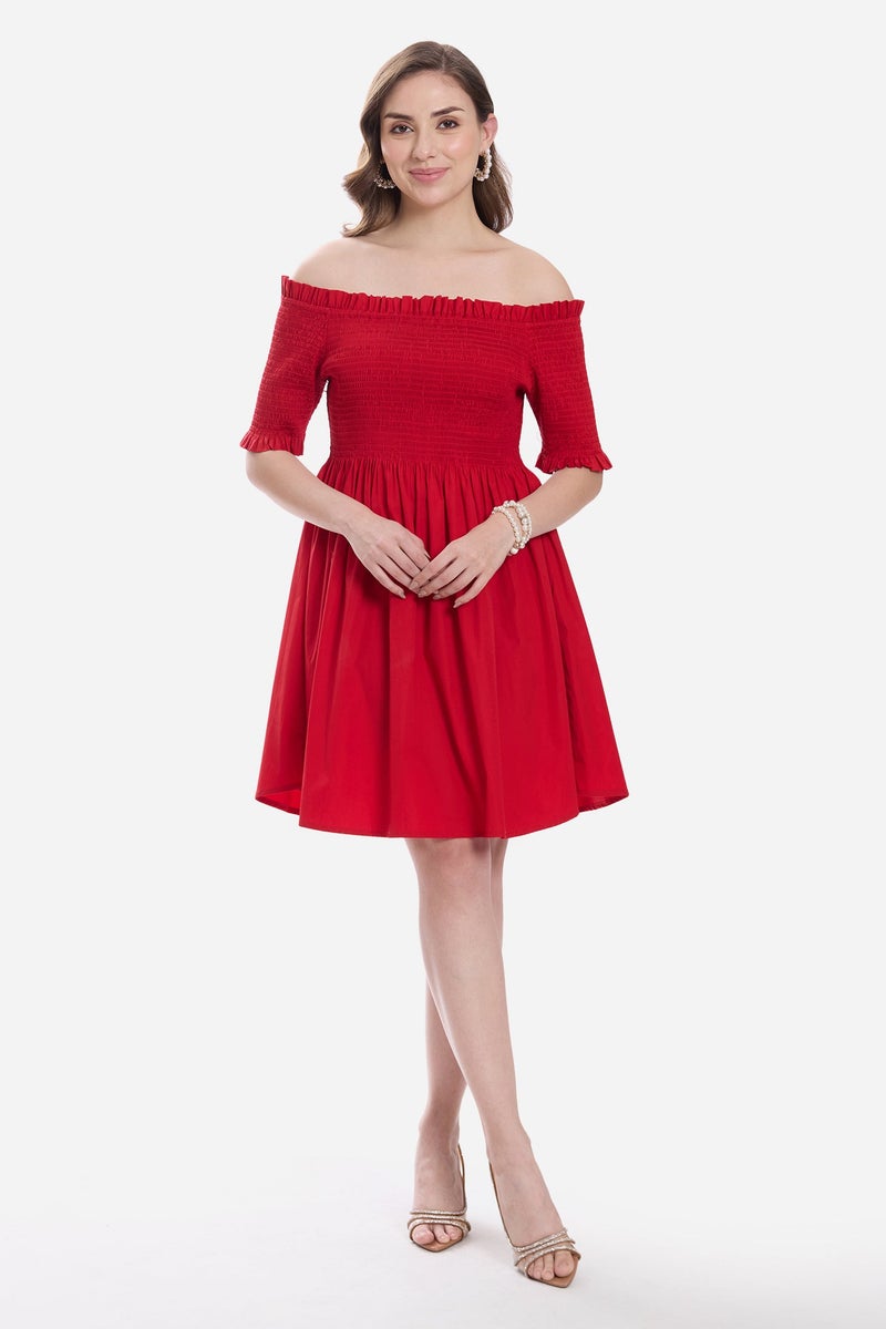 Virgio Solid Cotton Off-Shoulder Mini Dress for Women - Image 2