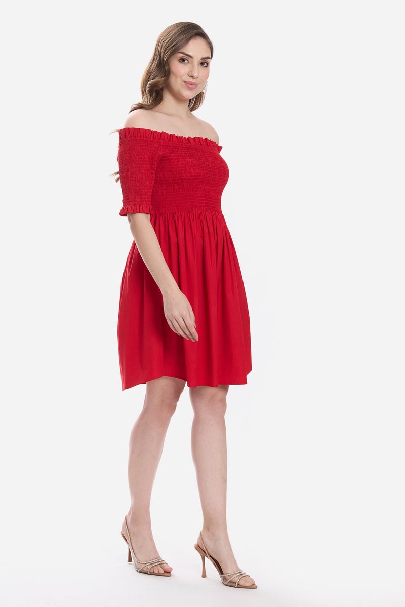 Virgio Solid Cotton Off-Shoulder Mini Dress for Women - Image 4