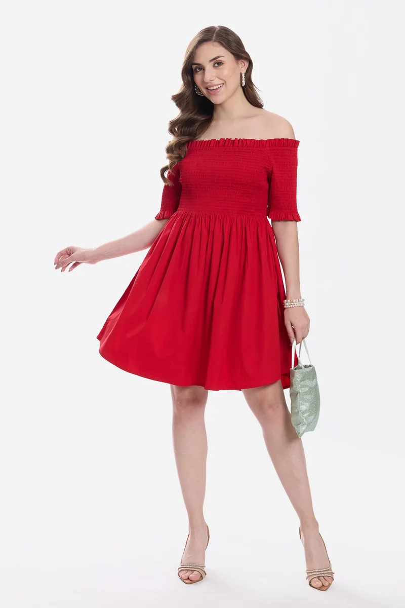 فيرجيو Solid Cotton Off-Shoulder Mini Dress for Women