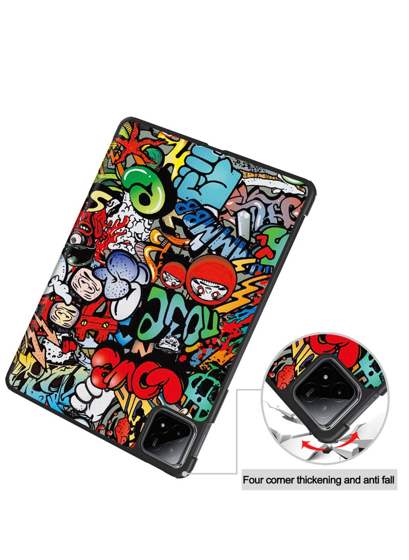 Generic - Case For Xiaomi Pad 6S PRO 12.4" Multi-Viewing Angles All New PU Leather Smart Cover with Auto Sleep Wake Feature Slim Flip Shell Case for Xiaomi Pad 6S PRO (Graffiti) - Image 1