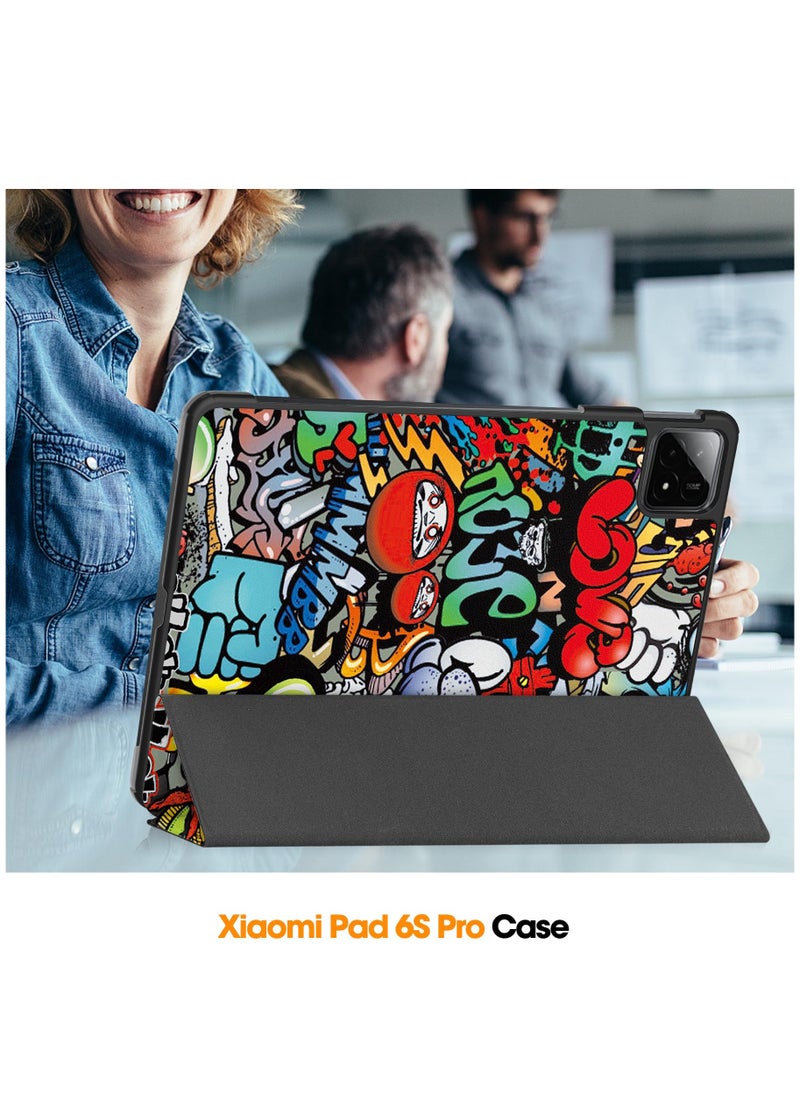 Generic - Case For Xiaomi Pad 6S PRO 12.4" Multi-Viewing Angles All New PU Leather Smart Cover with Auto Sleep Wake Feature Slim Flip Shell Case for Xiaomi Pad 6S PRO (Graffiti) - Image 1