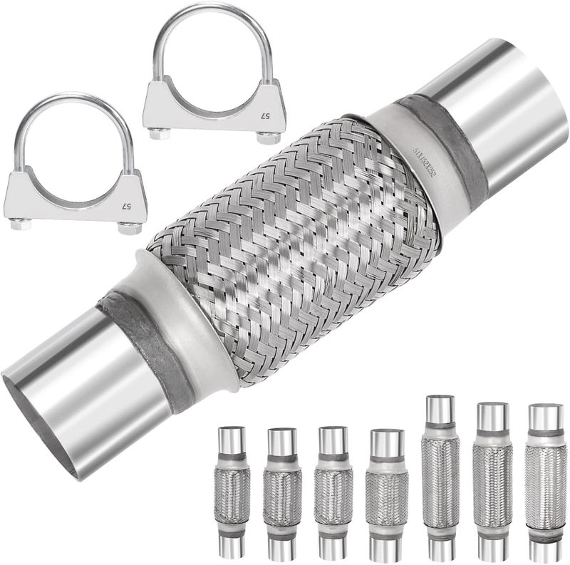Mardatt 3Pcs Exhaust Flex Pipe, Stainless Steel Exhaust Flex Pipe Double Braid Exhaust Flex Tube U-Bolt Clamp Stainless Steel Muffler U-Bolt Clamps for Cars Trucks Buses Pipes(2.2" x 6" x 10") - Image 1