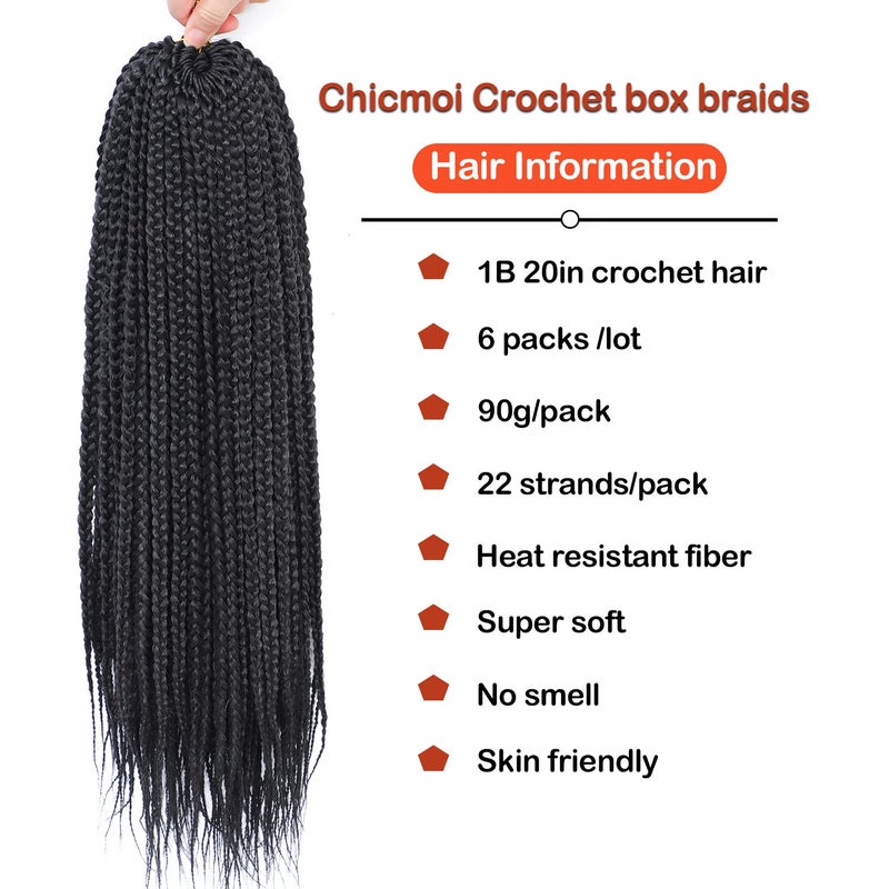Chicmoi Box Braid Crochet Hair 20 Inch Crochet Box Braids Pre Looped Crochet Braids for Black Women Soft Medium Size Braided Hair Extension 1B Black Color 6 Packs Chicmoi (1B, 20 inch box braids 6 Packs) - Image 3