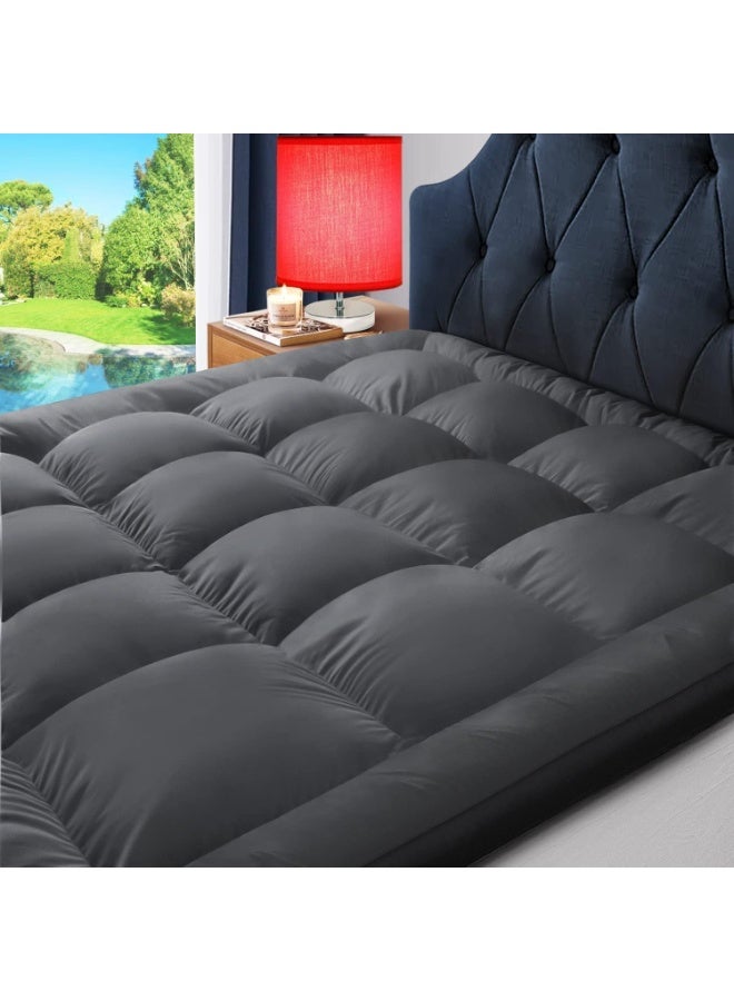 Super Soft Fabric King Mattress Topper - 200 x 200+6 cm - Hotel Luxury Fluffy Soft Comfortable Breathable 600 GSM Extra Thick Bed Topper With Elastic Bands, Gray - Image 1