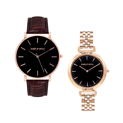 Joker & Witch Leather Mick & Justine Couple Analogue Watches, Black Dial, Brown Band - Image 1