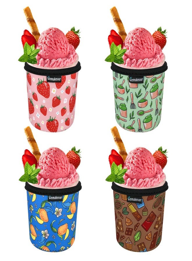 Homakover 4 Pack Ice Cream Print Size Ice Cream Sleeves Neoprene Cover with Spoon Holder Cover (Taste) - Image 1