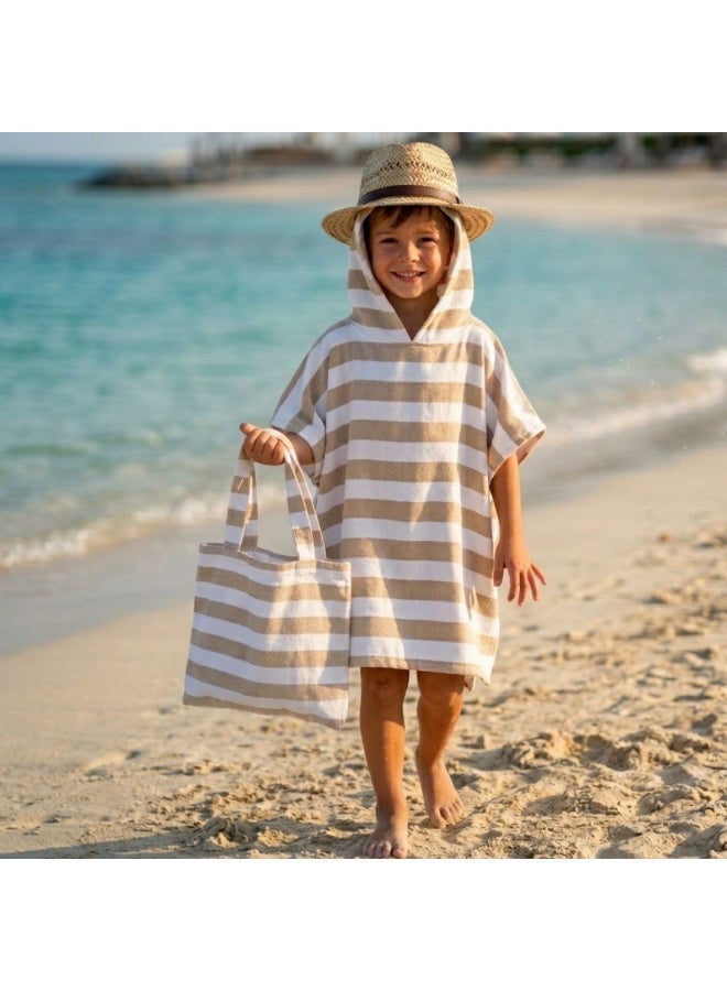 Kids Ocean Breeze Cover-Ups Poncho Beige White + Beach Bag - Image 2