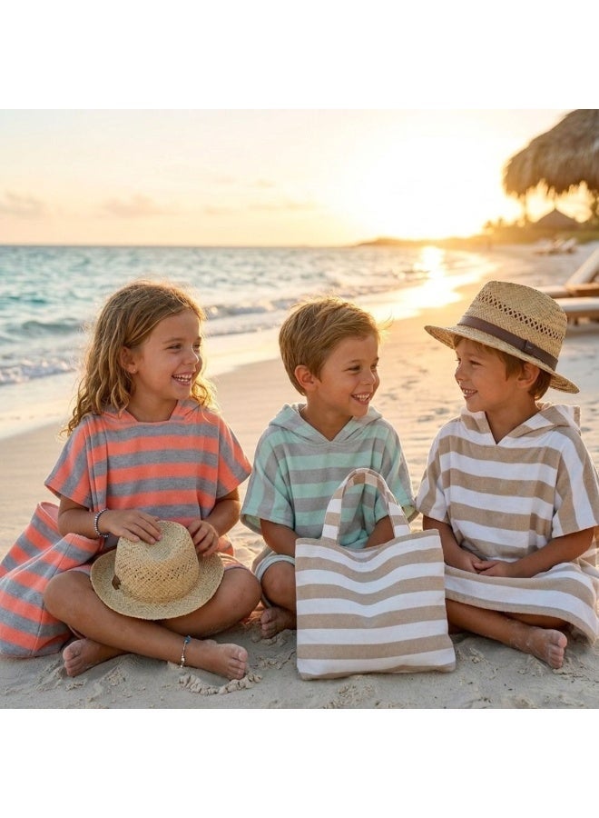 Kids Ocean Breeze Cover-Ups Poncho Beige White + Beach Bag - Image 4