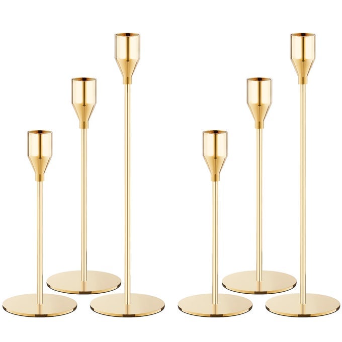 GOLD TAPER CANDLE HOLDERS SET OF 6 METAL CANDLESTICK HOLDERS FOR TABLE OR MANTEL DECOR CENTERPIECE CANDLE STICK HOLDER DECOR FOR WEDDING DINNING PARTY OR ANNIVERSARY