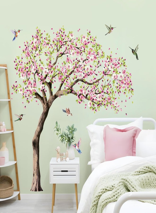 Supzone Large Blooming Cherry Tree Wall Decals Pink Peach Blossom Tree Hummingbirds Wall Stickers Peel and Stick Spring Wall Art Decor for Girls Bedroom Living Room Kitchen Sofa TV Backdrop Decoration - Image 4