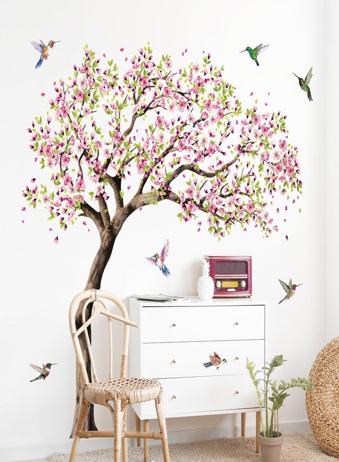 Supzone Large Blooming Cherry Tree Wall Decals Pink Peach Blossom Tree Hummingbirds Wall Stickers Peel and Stick Spring Wall Art Decor for Girls Bedroom Living Room Kitchen Sofa TV Backdrop Decoration - Image 5