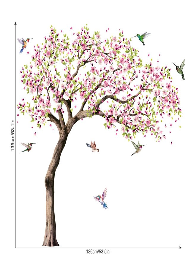 Supzone Large Blooming Cherry Tree Wall Decals Pink Peach Blossom Tree Hummingbirds Wall Stickers Peel and Stick Spring Wall Art Decor for Girls Bedroom Living Room Kitchen Sofa TV Backdrop Decoration - Image 2