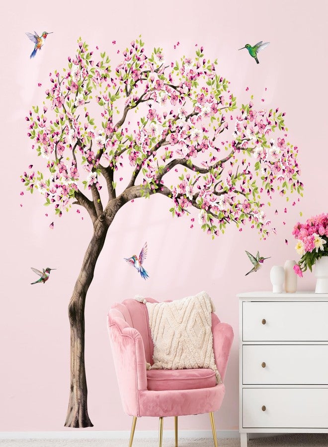 Supzone Large Blooming Cherry Tree Wall Decals Pink Peach Blossom Tree Hummingbirds Wall Stickers Peel and Stick Spring Wall Art Decor for Girls Bedroom Living Room Kitchen Sofa TV Backdrop Decoration - Image 1