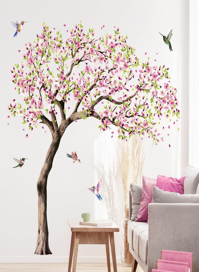 Supzone Large Blooming Cherry Tree Wall Decals Pink Peach Blossom Tree Hummingbirds Wall Stickers Peel and Stick Spring Wall Art Decor for Girls Bedroom Living Room Kitchen Sofa TV Backdrop Decoration - Image 3