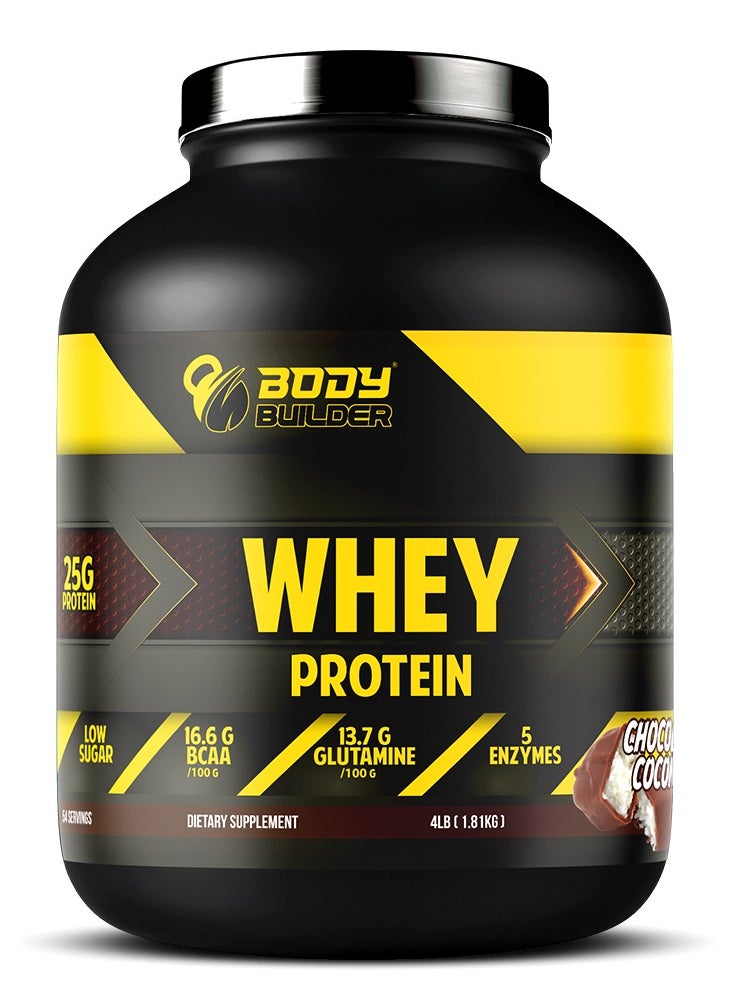 Body Builder Whey Protein, Low Sugar Whey with 5 Digestive Enzymes  Chocolate Coconut Flavor, 4 Lb  - Image 1