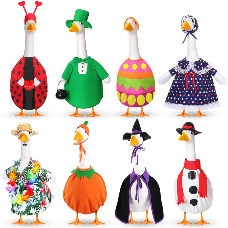 Silicherry 8 Set Holiday Seasonal Baby Goose Outfits for 17" Cement Statue St. Patrick's Day, Easter, 4th of July, Summer All Seasons Lawn Porch Goose Clothes Costume for Garden Patio Outdoor Decor - Image 1