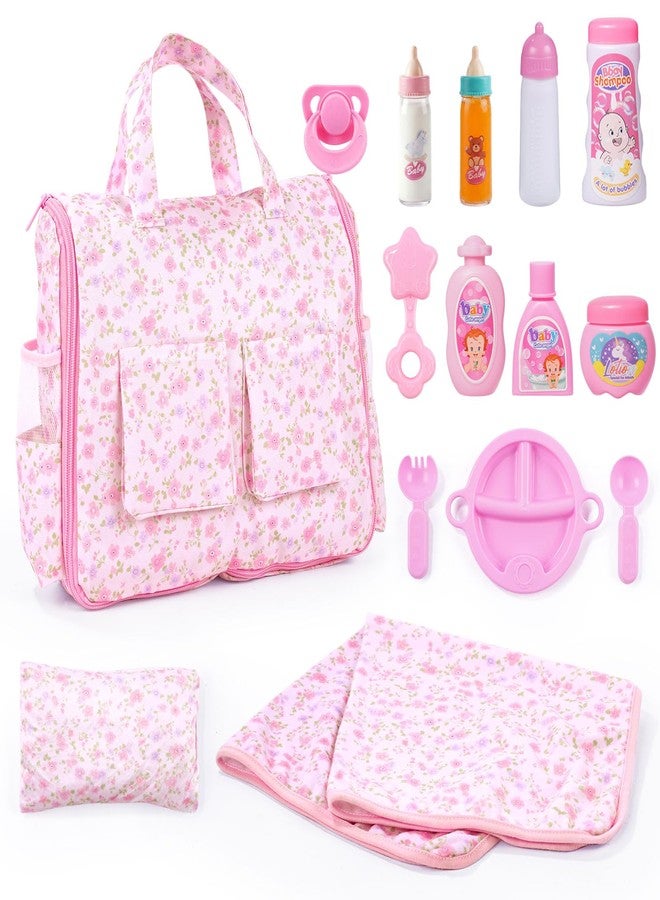 BABESIDE 10 Pcs Baby Doll Diaper Bag Set - Reborn Baby Doll Accessories with Changing Pad, Feeding Bottles, Care Set- Diaper Bag Toys for Baby Dolls up to 21 Inches, Gift for Girls Ages 3 and Up - Image 1