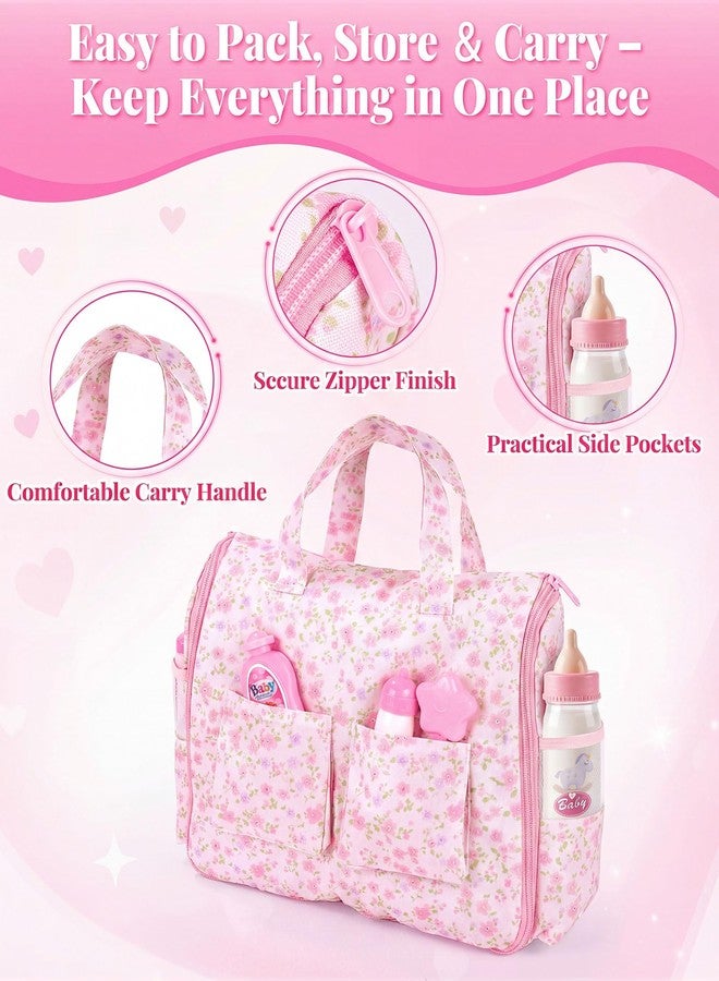 BABESIDE 10 Pcs Baby Doll Diaper Bag Set - Reborn Baby Doll Accessories with Changing Pad, Feeding Bottles, Care Set- Diaper Bag Toys for Baby Dolls up to 21 Inches, Gift for Girls Ages 3 and Up - Image 4