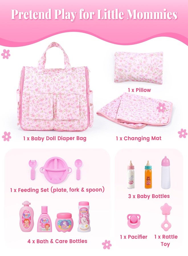 BABESIDE 10 Pcs Baby Doll Diaper Bag Set - Reborn Baby Doll Accessories with Changing Pad, Feeding Bottles, Care Set- Diaper Bag Toys for Baby Dolls up to 21 Inches, Gift for Girls Ages 3 and Up - Image 5