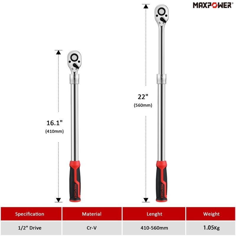 MAXPOWER 1/2-Inch Drive Extendable Ratchet Wrench, 1/2 Inch Drive Ratchet Socket Wrench, Quick Release 72-Tooth Reversible Ratcheting Feature(16.1" - 22" Length) - Image 2