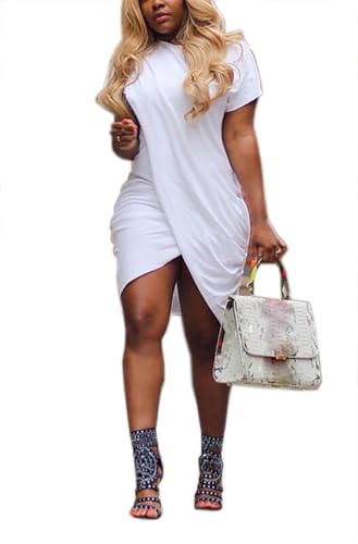 LKOUS Women's Summer Casual Round Neck High Low Short Sleeve Club Party Loose T-Shirt Midi Dress Blouse - Image 1