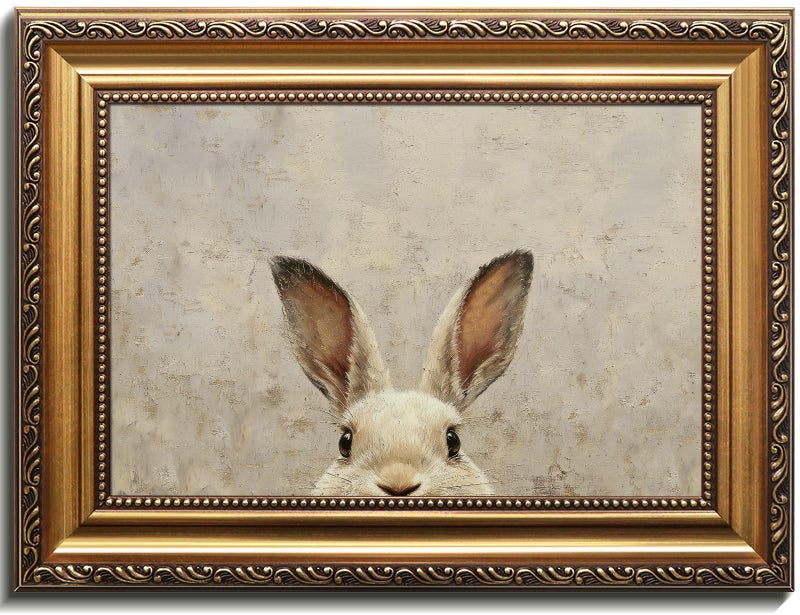 Uniro Vintage Gold Framed Wall Art, Easter Bunny Wall Art Decor, Neutral Rabbit Canvas Oil Painting Poster for Rustic Easter DÃ©cor, Vintage Home Decor Animals Artwork Prints Wall Decor for Kids Room, Living Room, Bedroom or Festive Spaces - 12x16inch - Image 1