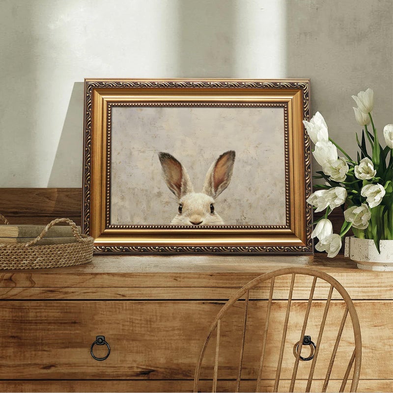 Uniro Vintage Gold Framed Wall Art, Easter Bunny Wall Art Decor, Neutral Rabbit Canvas Oil Painting Poster for Rustic Easter DÃ©cor, Vintage Home Decor Animals Artwork Prints Wall Decor for Kids Room, Living Room, Bedroom or Festive Spaces - 12x16inch - Image 4