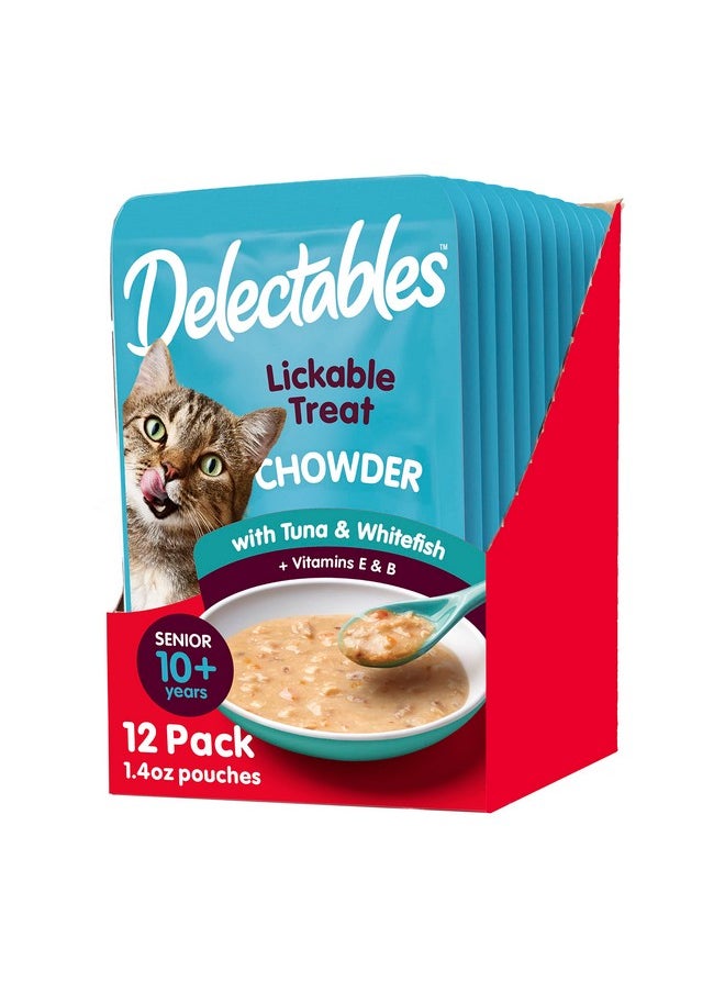 هارتز مكافآت القطط المبللة القابلة لللعق من Delectables Chowder للقطط المسنة، سمك التونة والسمك الأبيض، 1.4 أونصة (عبوة من 12 قطعة) (قد تختلف العبوة)  - Image 1