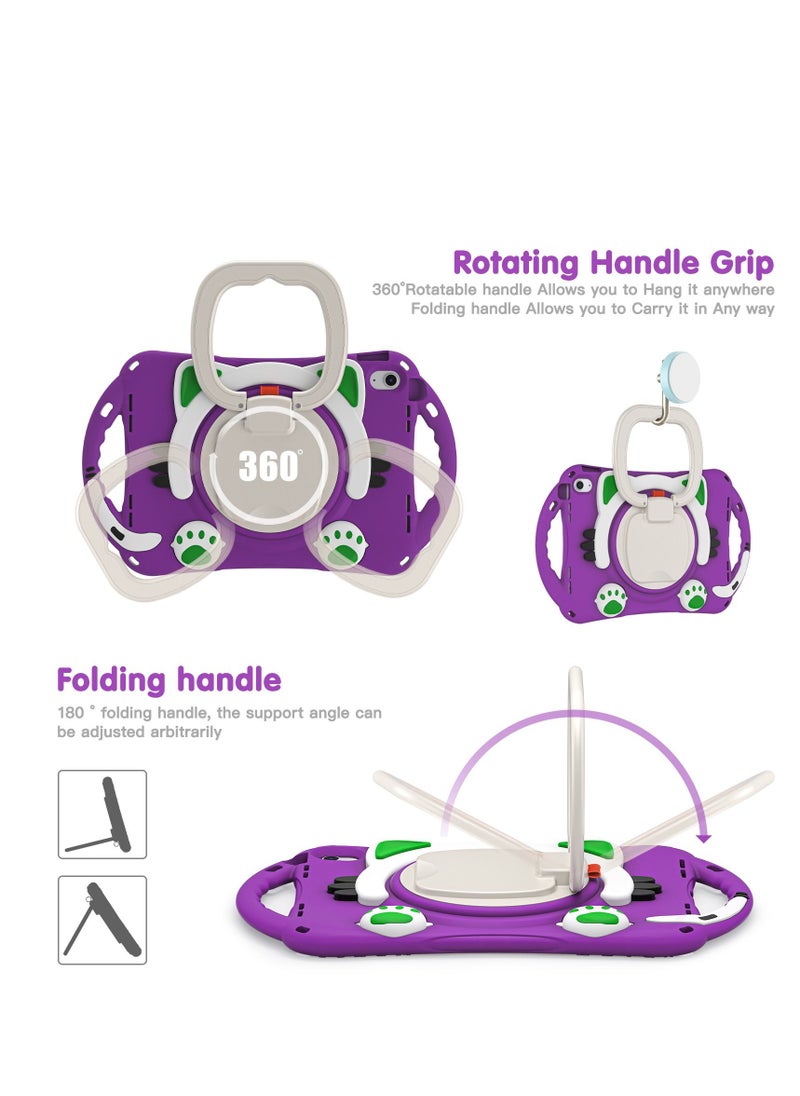 Cute Cat Kids Case with 360° Rotating Handle for ipad 10th 10.9 inch 2022（A2757/A2777）Purple