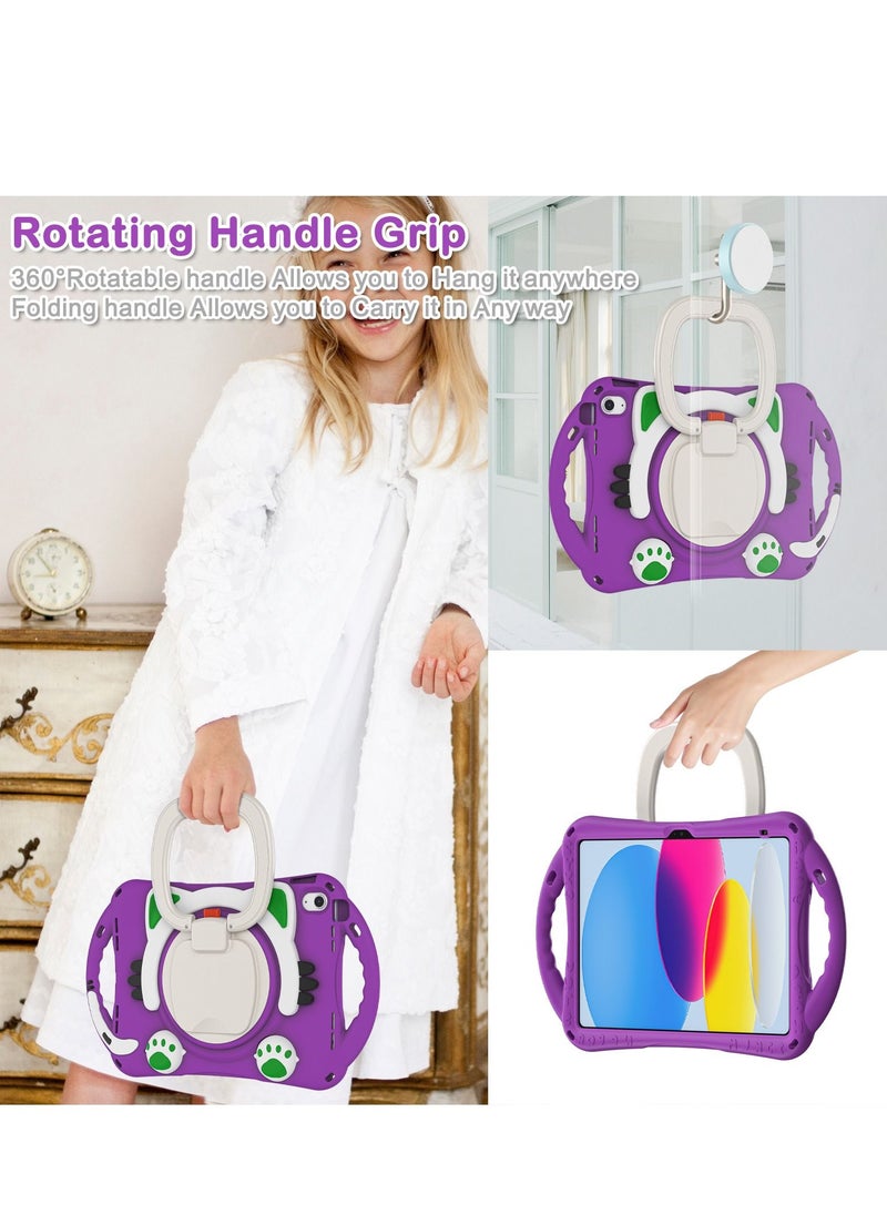 Cute Cat Kids Case with 360° Rotating Handle for ipad 10th 10.9 inch 2022（A2757/A2777）Purple
