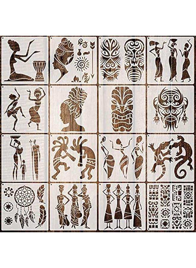 Arabest 16 Pieces African Tribal Stencils Congo Mask Stencil Tribal Faces Stencil African Stencil Template Art and Craft Wall Painting Stencil and Metal Open Ring for Painting on Wood Wall Decor  - Image 1