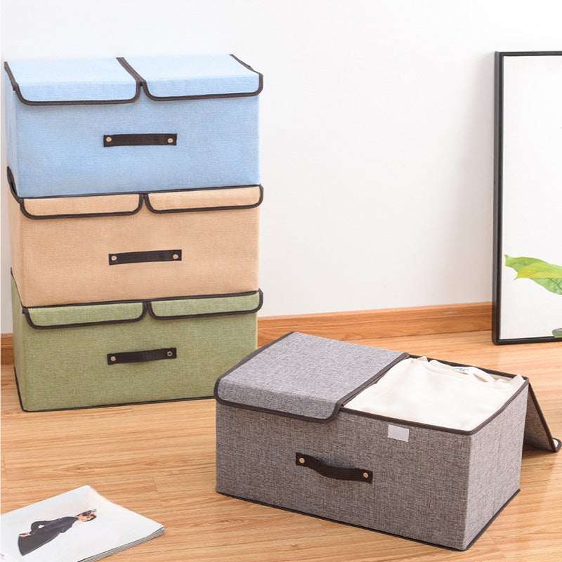 Cotton and Linen Fabric Double-Lid Storage Box Foldableable Storage Box Miscellaneous Storage Box Dormitory Covered Intimates Storage Box(rice white, Large 50*30*25cm) - Image 3
