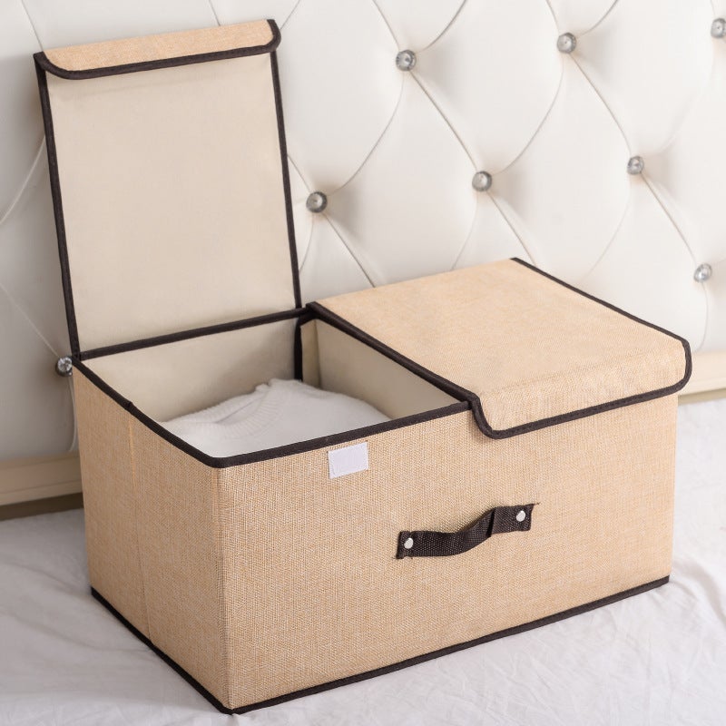 Cotton and Linen Fabric Double-Lid Storage Box Foldableable Storage Box Miscellaneous Storage Box Dormitory Covered Intimates Storage Box(rice white, Large 50*30*25cm) - Image 1